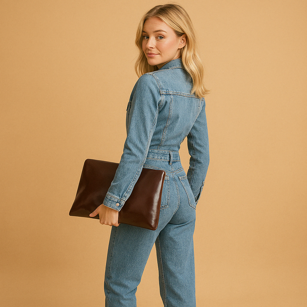 Blue denim women's jumpsuit side view