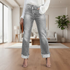 Hem detail on women's wide leg denim jeans