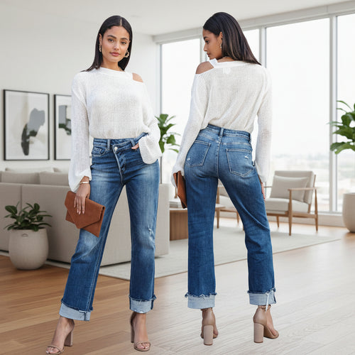Women's high waist wide leg denim jeans back view