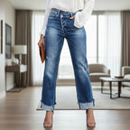 Full view of women's high waist wide leg denim jeans