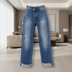 High waist detail on women's wide leg denim jeans