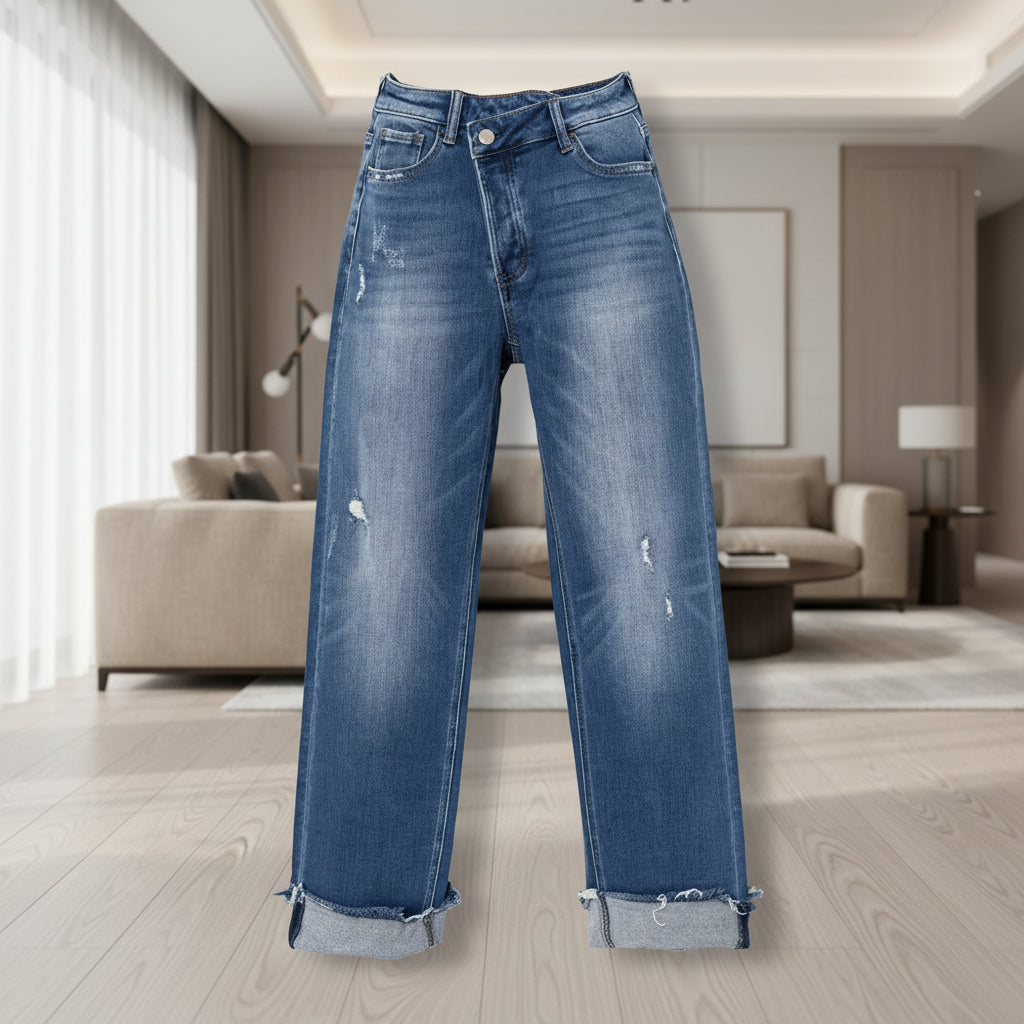 High waist detail on women's wide leg denim jeans