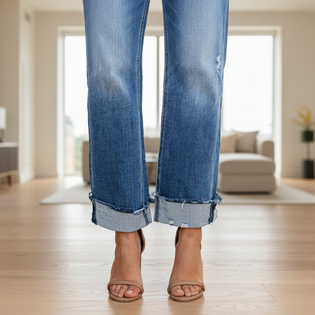 Waistband detail on women's high waist denim jeans