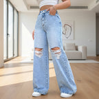 Women's high waist wide leg washed ripped denim jeans front view