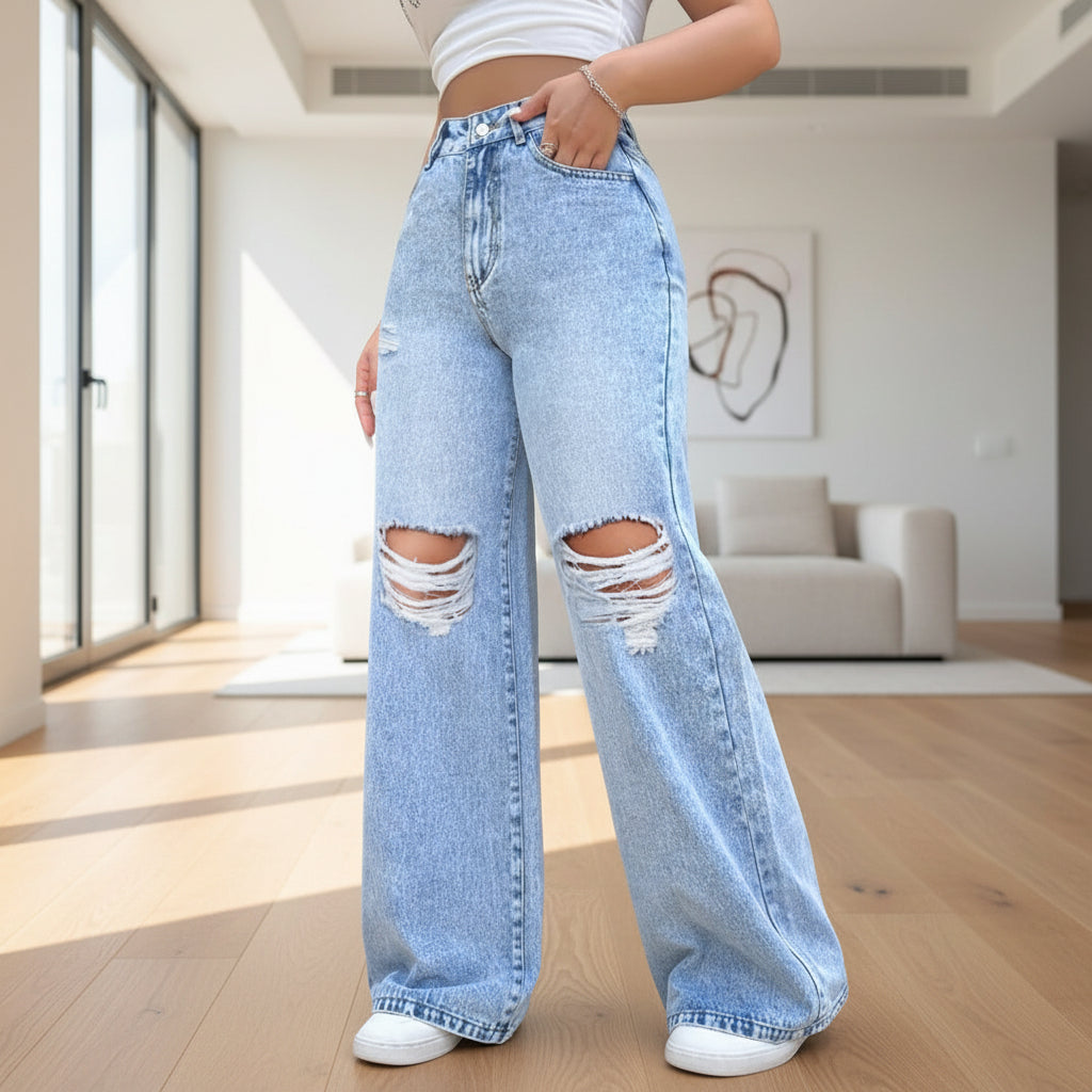 Women's high waist wide leg washed ripped denim jeans front view