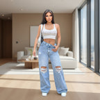 Women's high waist wide leg washed ripped denim jeans side view