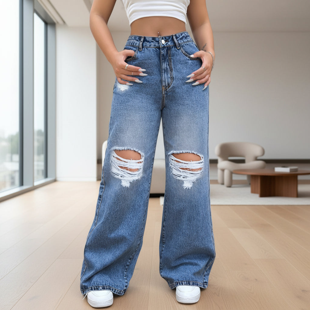 Wide leg design detail on women's denim jeans
