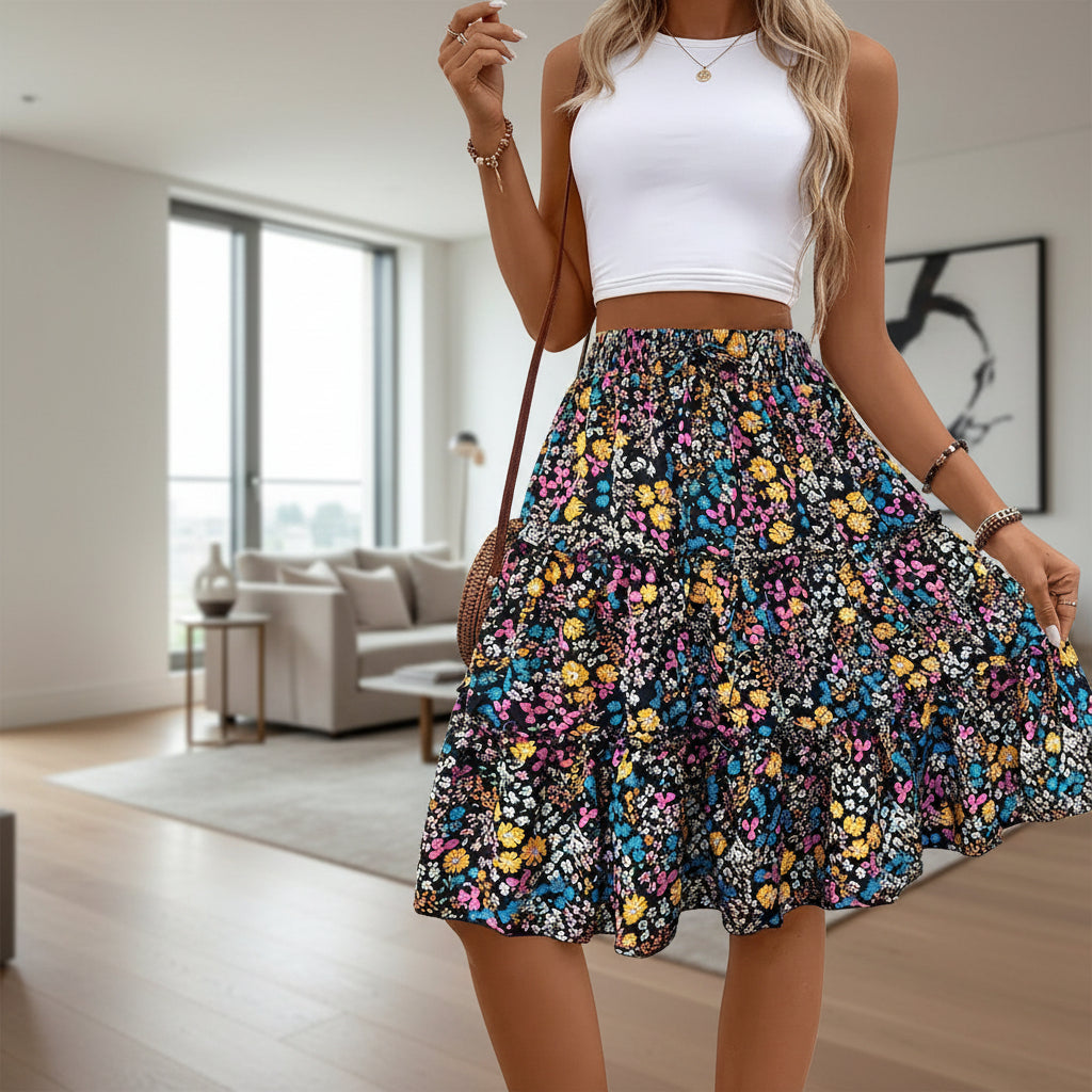 Women's printed ruffle trim stretch skirt side view