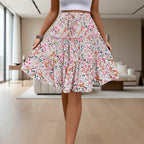 Full view of women's printed ruffle trim stretch skirt