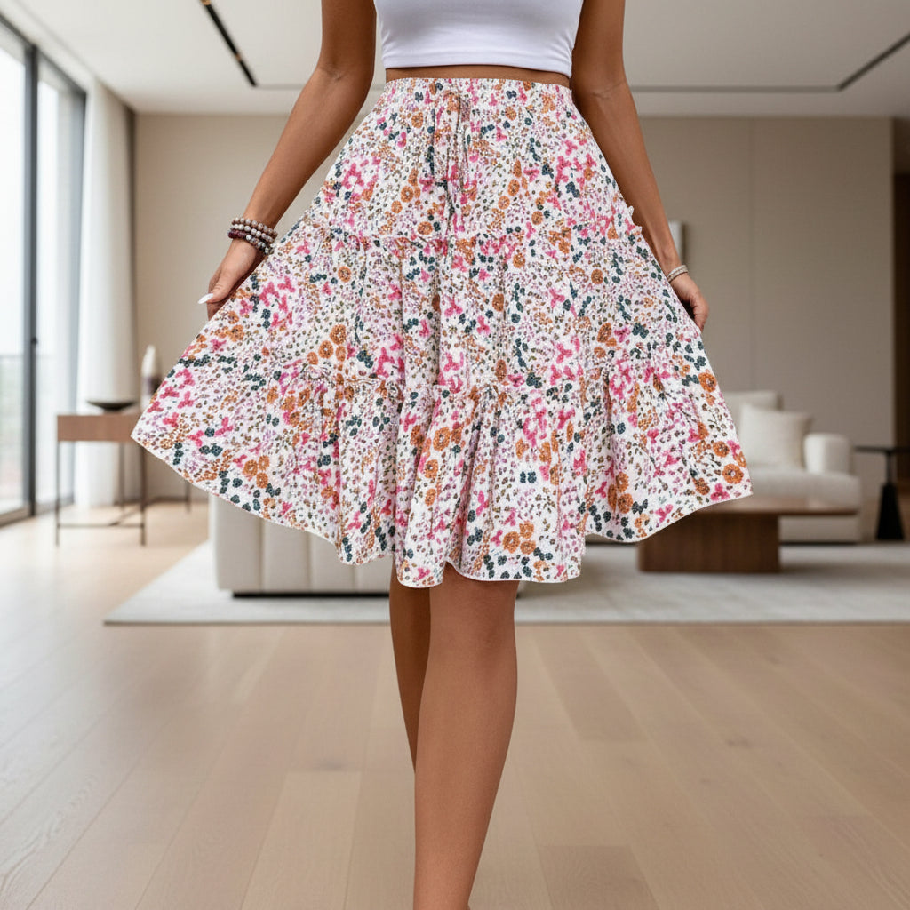 Full view of women's printed ruffle trim stretch skirt