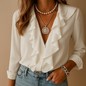 Women's ruffled blouse with butterfly pattern