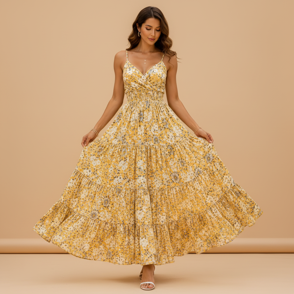 Yellow floral women's maxi dress with sleeveless design
